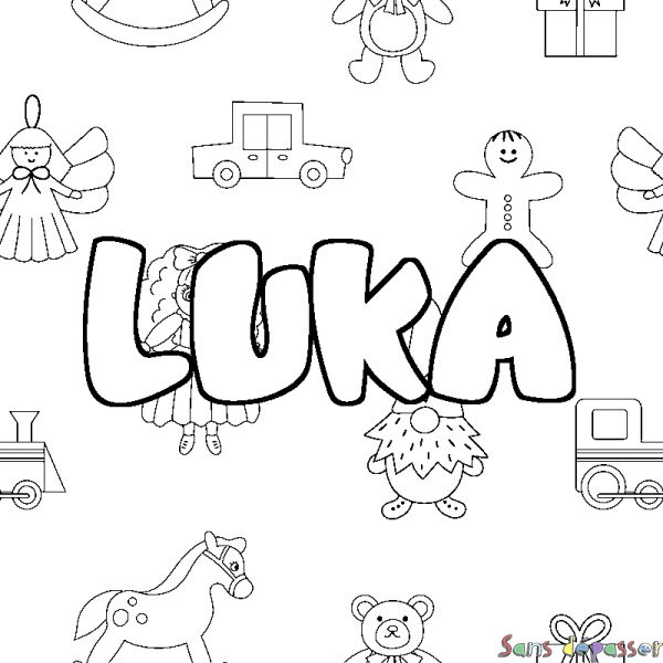 Coloriage pr&eacute;nom LUKA - d&eacute;cor Jouets