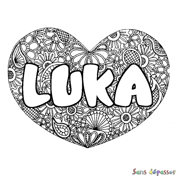 Coloriage pr&eacute;nom LUKA - d&eacute;cor Mandala coeur