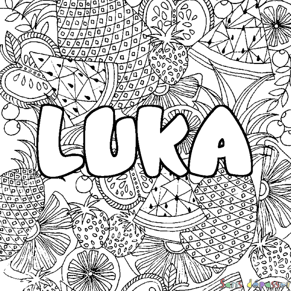 Coloriage pr&eacute;nom LUKA - d&eacute;cor Mandala fruits