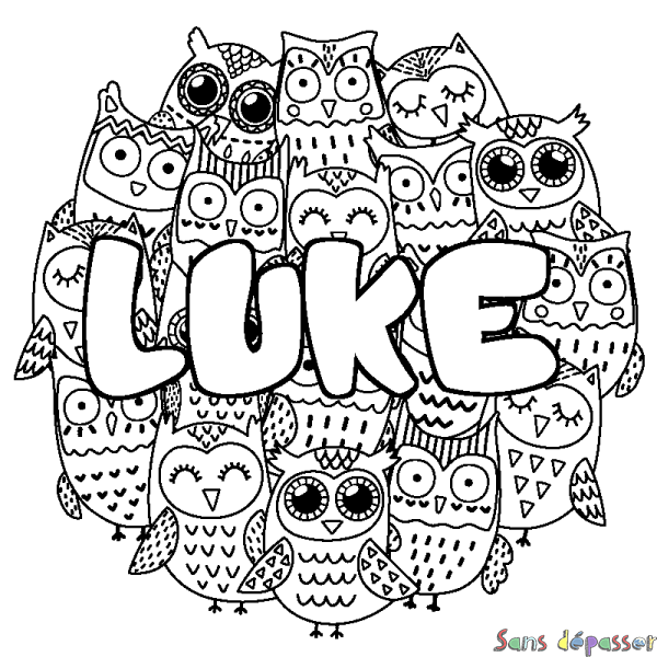 Coloriage pr&eacute;nom LUKE - d&eacute;cor Chouettes
