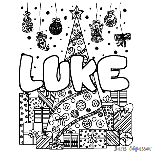 Coloriage pr&eacute;nom LUKE - d&eacute;cor Sapin et Cadeaux