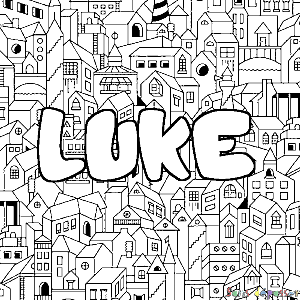 Coloriage pr&eacute;nom LUKE - d&eacute;cor Ville