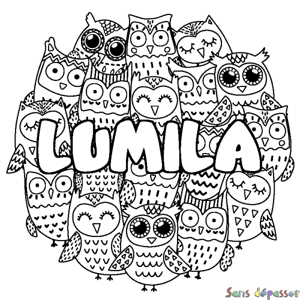 Coloriage pr&eacute;nom LUMILA - d&eacute;cor Chouettes