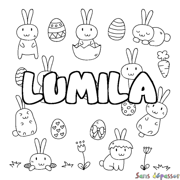 Coloriage pr&eacute;nom LUMILA - d&eacute;cor Paques