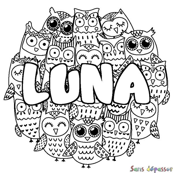 Coloriage pr&eacute;nom LUNA - d&eacute;cor Chouettes