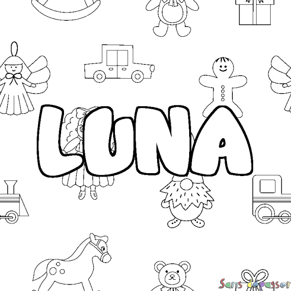 Coloriage pr&eacute;nom LUNA - d&eacute;cor Jouets