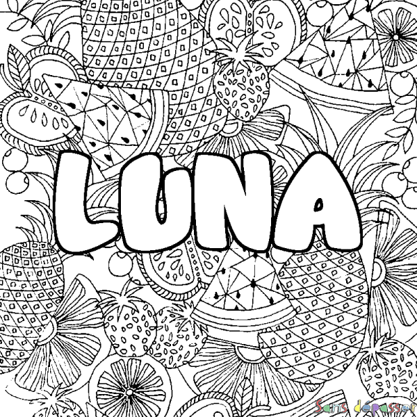 Coloriage pr&eacute;nom LUNA - d&eacute;cor Mandala fruits