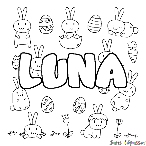 Coloriage pr&eacute;nom LUNA - d&eacute;cor Paques