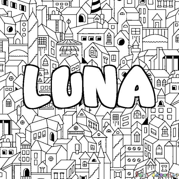 Coloriage pr&eacute;nom LUNA - d&eacute;cor Ville
