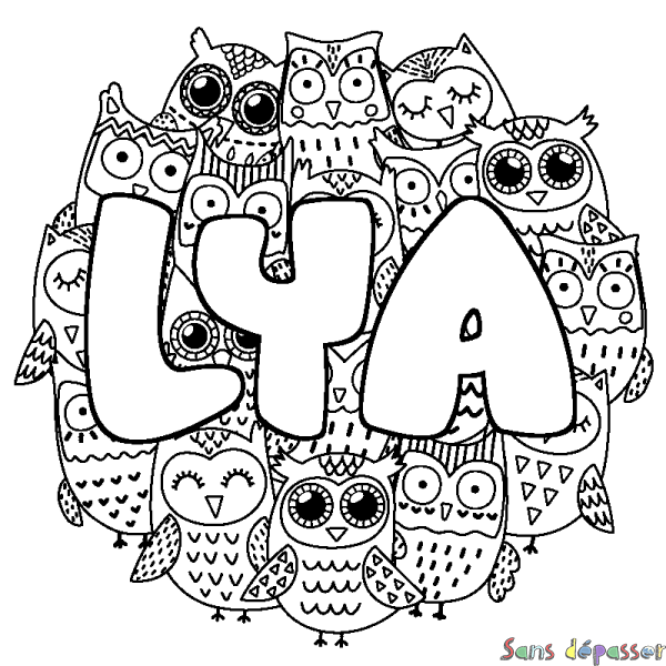 Coloriage pr&eacute;nom LYA - d&eacute;cor Chouettes