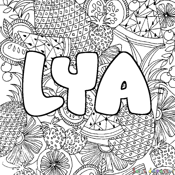 Coloriage pr&eacute;nom LYA - d&eacute;cor Mandala fruits