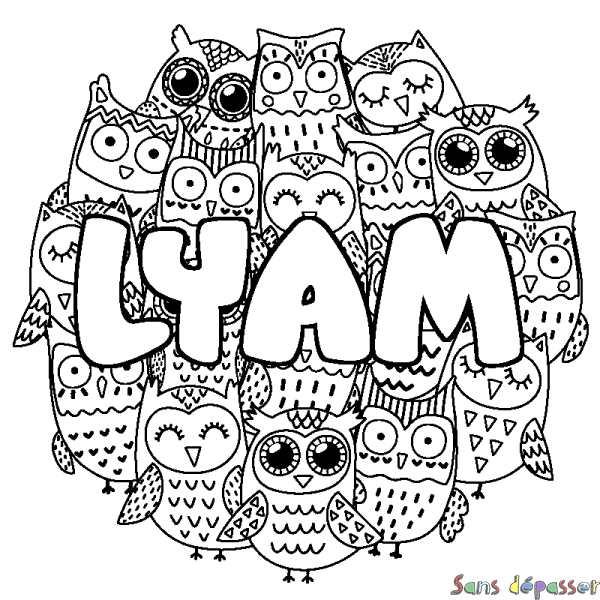 Coloriage pr&eacute;nom LYAM - d&eacute;cor Chouettes