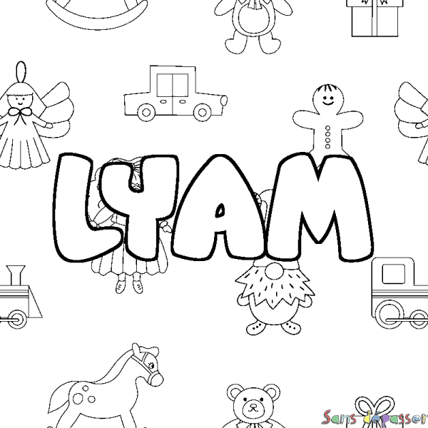 Coloriage pr&eacute;nom LYAM - d&eacute;cor Jouets