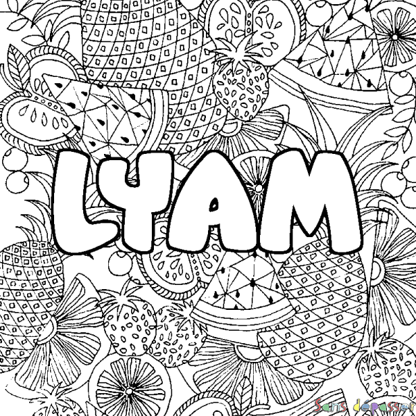 Coloriage pr&eacute;nom LYAM - d&eacute;cor Mandala fruits