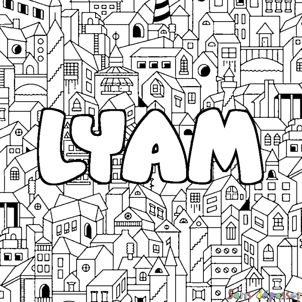 Coloriage pr&eacute;nom LYAM - d&eacute;cor Ville
