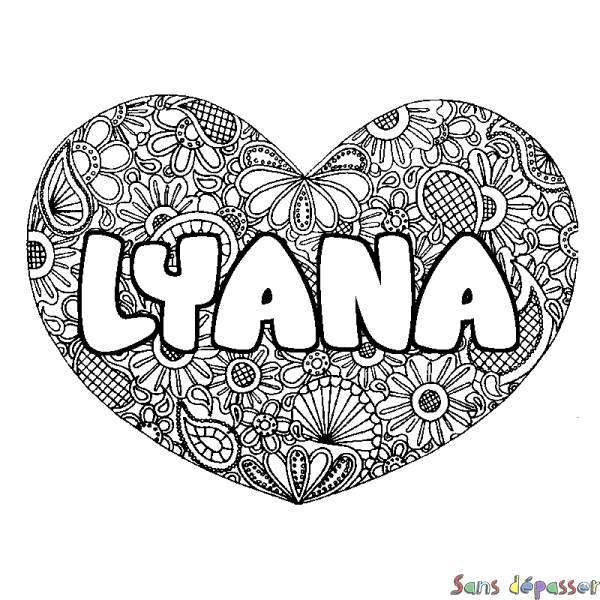 Coloriage prénom LYANA - d&eacute;cor Mandala coeur