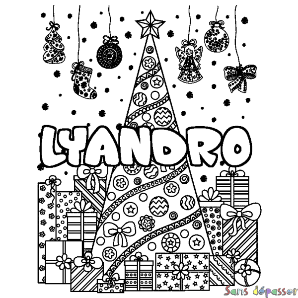 Coloriage pr&eacute;nom LYANDRO - d&eacute;cor Sapin et Cadeaux