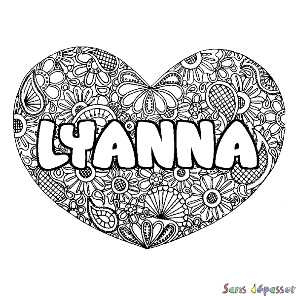 Coloriage pr&eacute;nom LYANNA - d&eacute;cor Mandala coeur