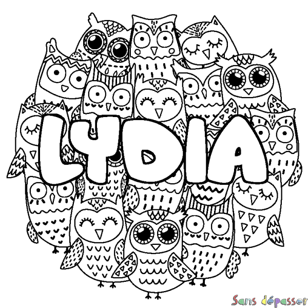Coloriage pr&eacute;nom LYDIA - d&eacute;cor Chouettes
