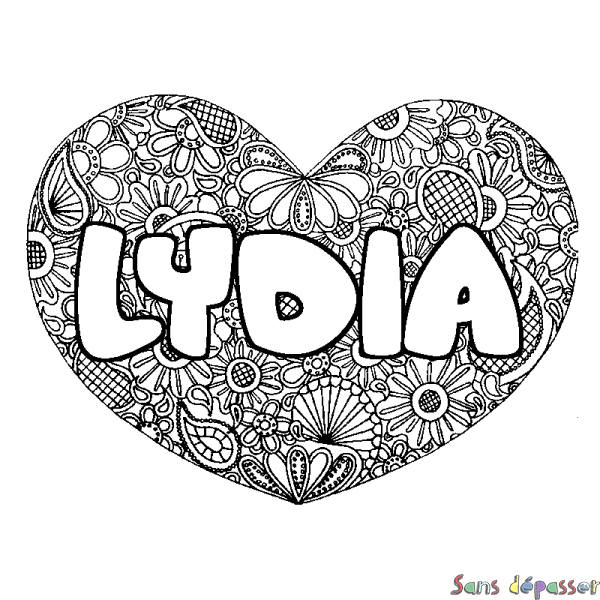 Coloriage prénom LYDIA - d&eacute;cor Mandala coeur