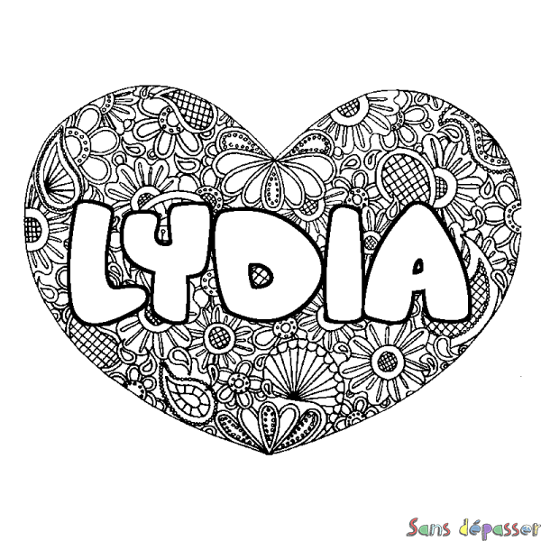 Coloriage pr&eacute;nom LYDIA - d&eacute;cor Mandala coeur
