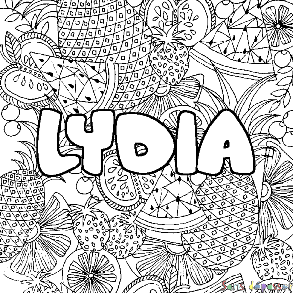 Coloriage prénom LYDIA - d&eacute;cor Mandala fruits