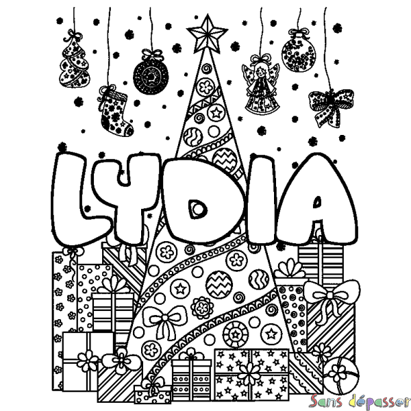 Coloriage pr&eacute;nom LYDIA - d&eacute;cor Sapin et Cadeaux