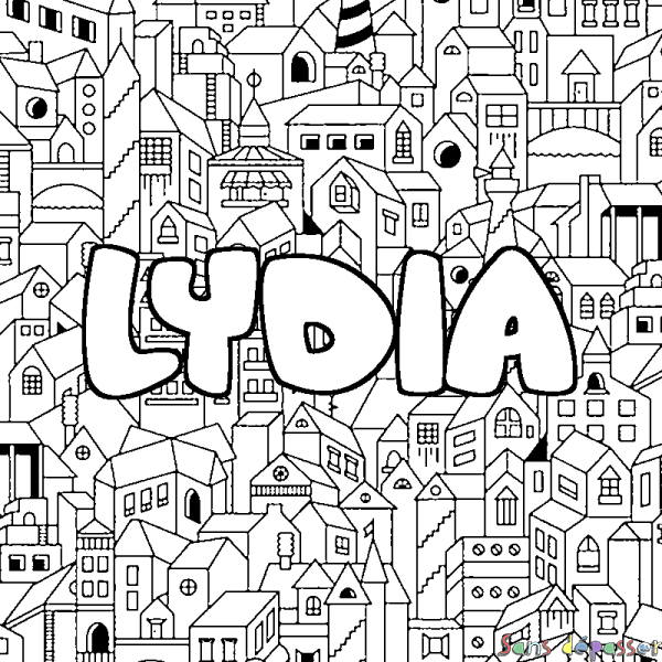 Coloriage pr&eacute;nom LYDIA - d&eacute;cor Ville