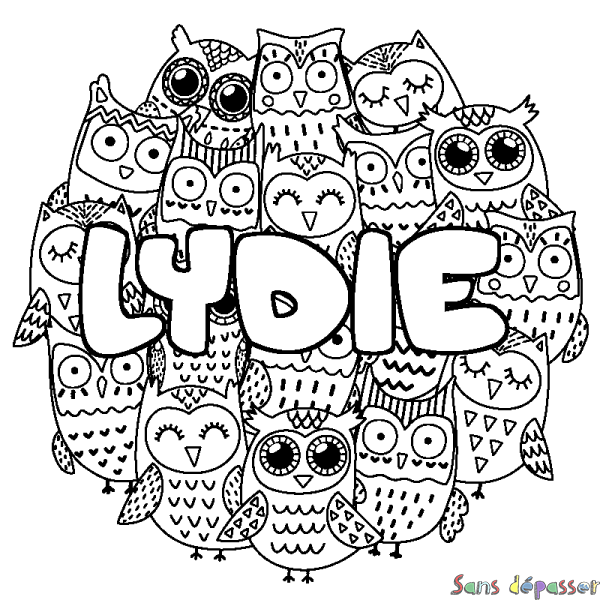 Coloriage pr&eacute;nom LYDIE - d&eacute;cor Chouettes
