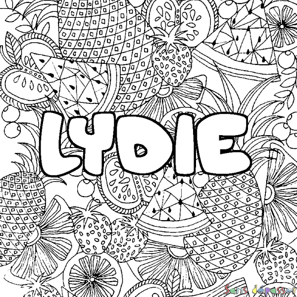 Coloriage pr&eacute;nom LYDIE - d&eacute;cor Mandala fruits
