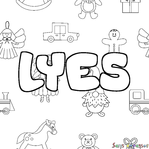 Coloriage pr&eacute;nom LYES - d&eacute;cor Jouets