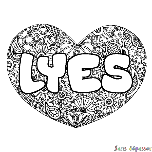 Coloriage pr&eacute;nom LYES - d&eacute;cor Mandala coeur