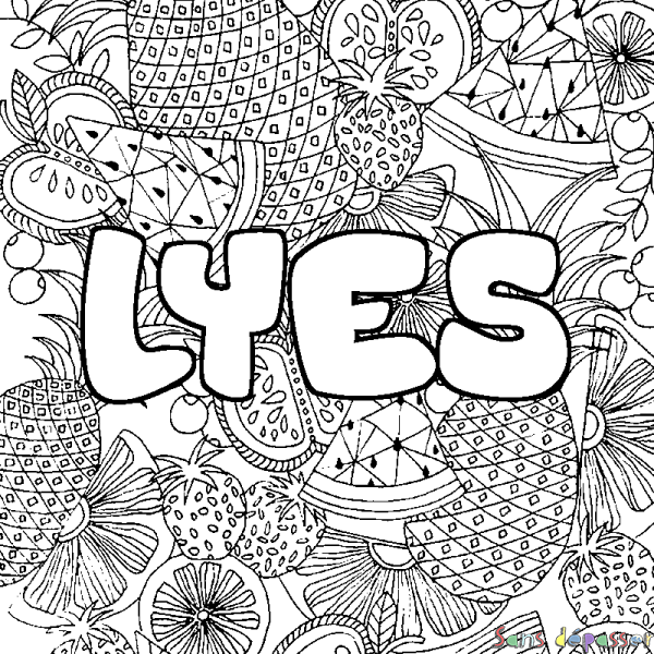 Coloriage pr&eacute;nom LYES - d&eacute;cor Mandala fruits