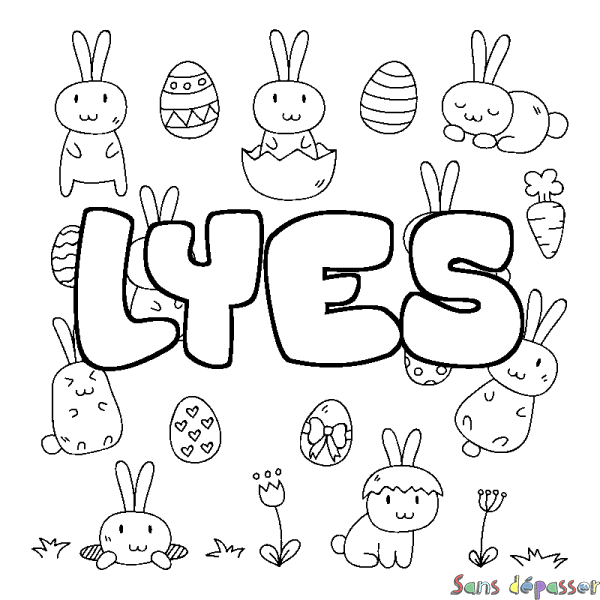 Coloriage pr&eacute;nom LYES - d&eacute;cor Paques