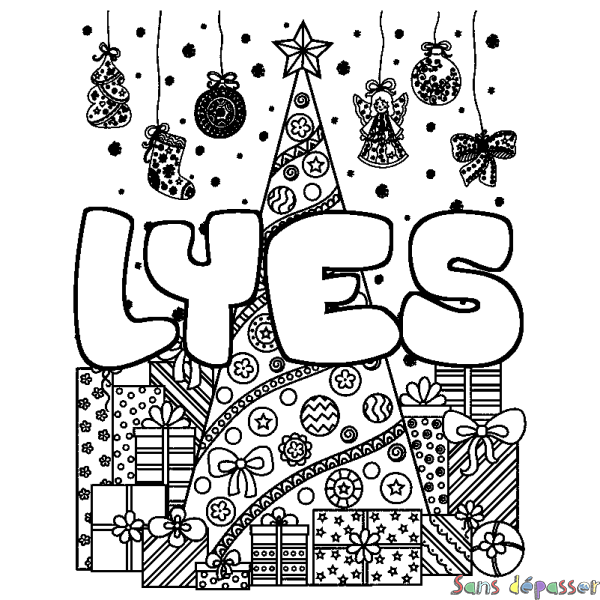 Coloriage pr&eacute;nom LYES - d&eacute;cor Sapin et Cadeaux