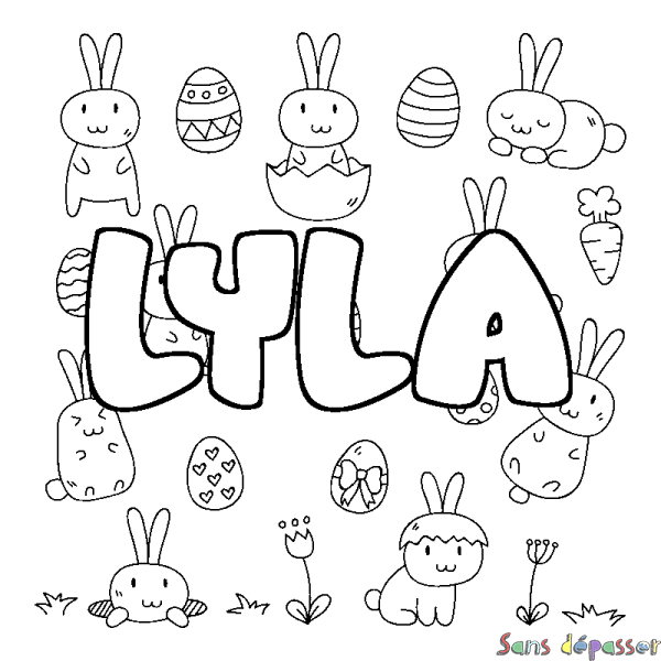 Coloriage pr&eacute;nom LYLA - d&eacute;cor Paques