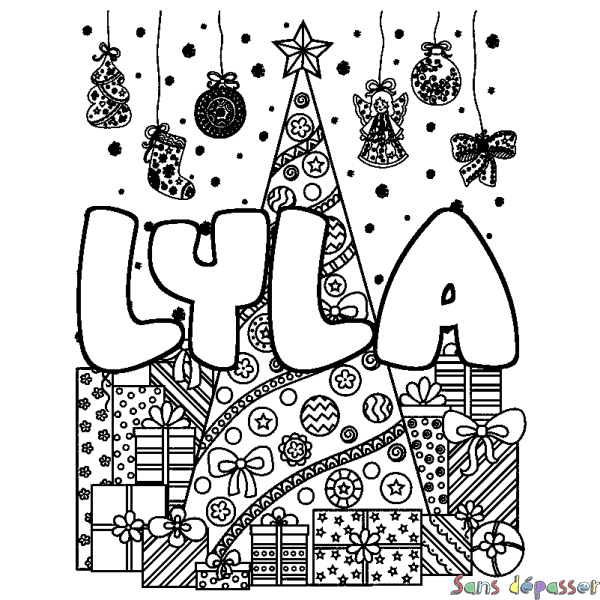 Coloriage prénom LYLA - d&eacute;cor Sapin et Cadeaux