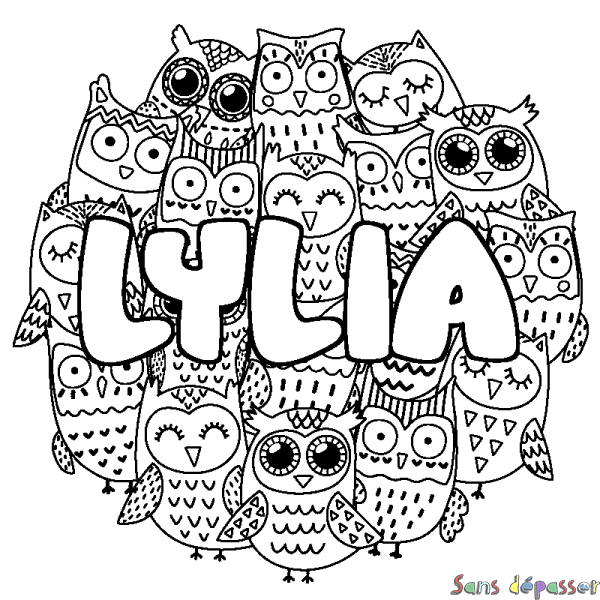 Coloriage pr&eacute;nom LYLIA - d&eacute;cor Chouettes