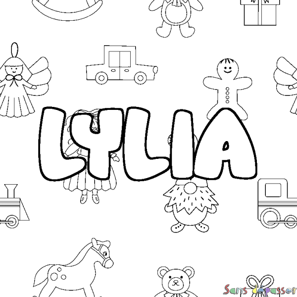 Coloriage pr&eacute;nom LYLIA - d&eacute;cor Jouets