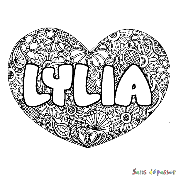 Coloriage pr&eacute;nom LYLIA - d&eacute;cor Mandala coeur