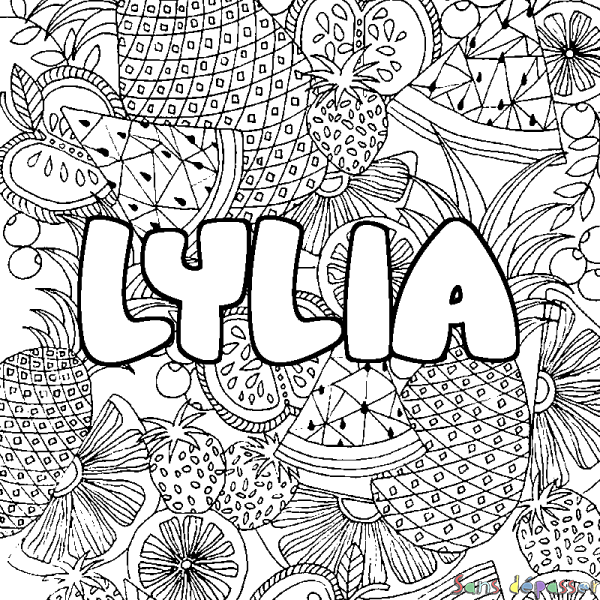 Coloriage pr&eacute;nom LYLIA - d&eacute;cor Mandala fruits