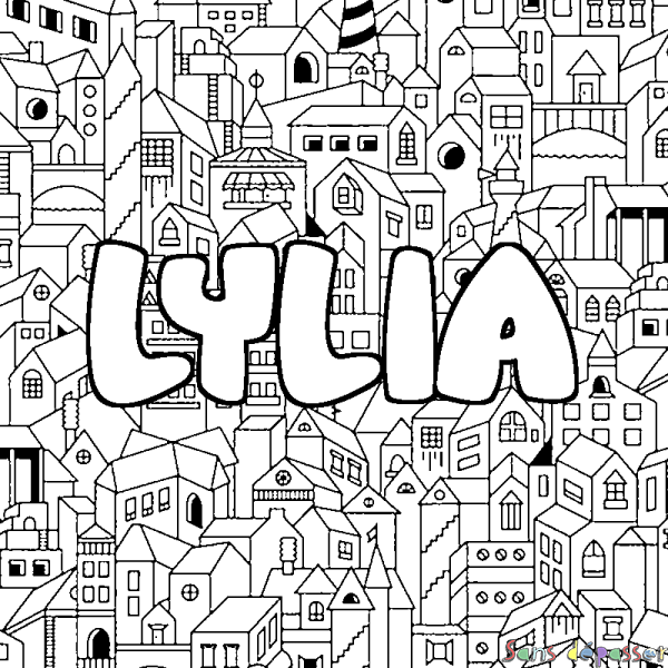 Coloriage pr&eacute;nom LYLIA - d&eacute;cor Ville