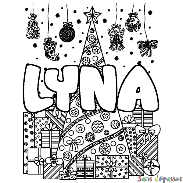 Coloriage prénom LYNA - d&eacute;cor Sapin et Cadeaux