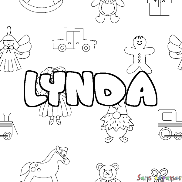 Coloriage pr&eacute;nom LYNDA - d&eacute;cor Jouets