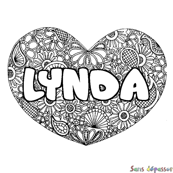 Coloriage pr&eacute;nom LYNDA - d&eacute;cor Mandala coeur