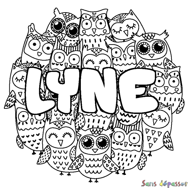 Coloriage pr&eacute;nom LYNE - d&eacute;cor Chouettes