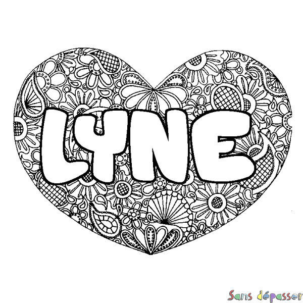Coloriage pr&eacute;nom LYNE - d&eacute;cor Mandala coeur