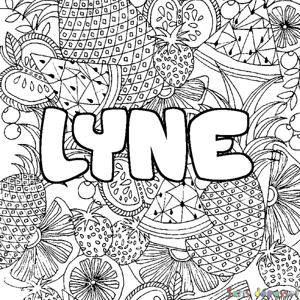 Coloriage pr&eacute;nom LYNE - d&eacute;cor Mandala fruits