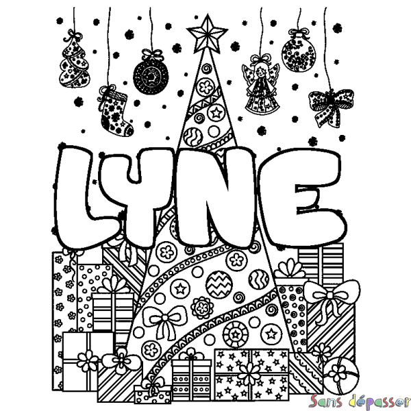 Coloriage prénom LYNE - d&eacute;cor Sapin et Cadeaux
