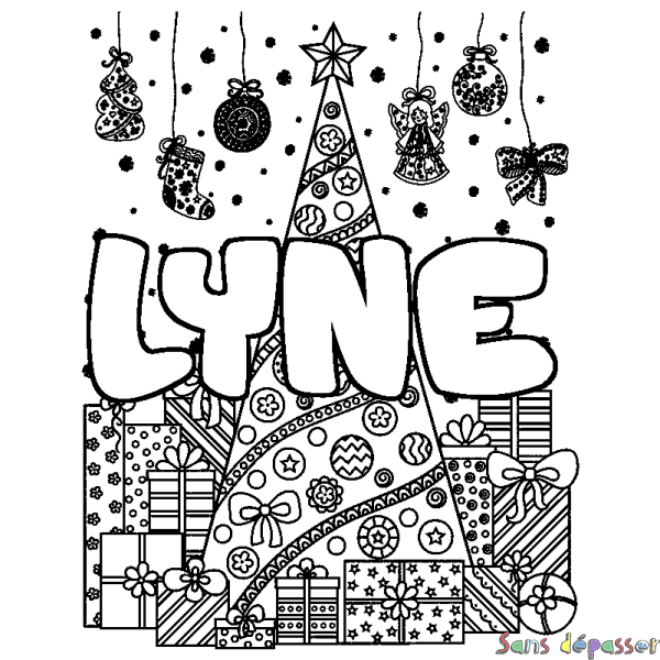 Coloriage pr&eacute;nom LYNE - d&eacute;cor Sapin et Cadeaux